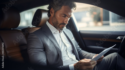 A businessman reviewing documents in the backseat of a high-end car, Business car, blurred background, with copy space