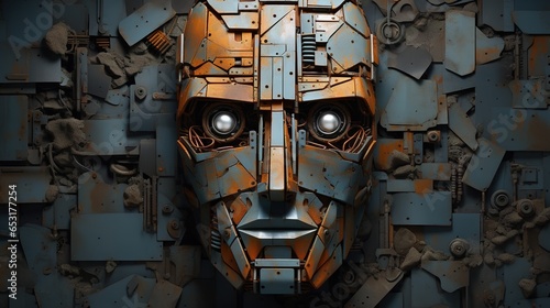 Generative AI, Abstract robotic face on rusty vintage metal background, geometric shapes