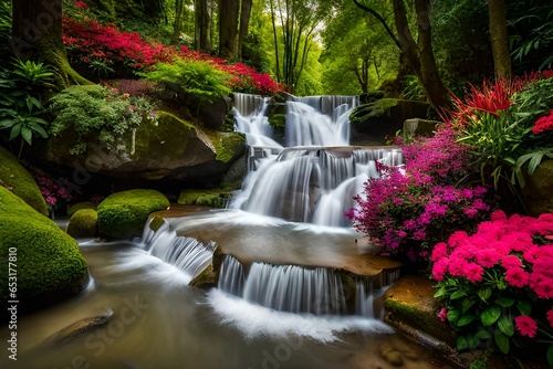 waterfall in the forest with colorful flowers in spring