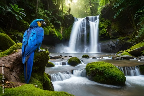 blue parrot sitting on rock near to waterfall in forest
