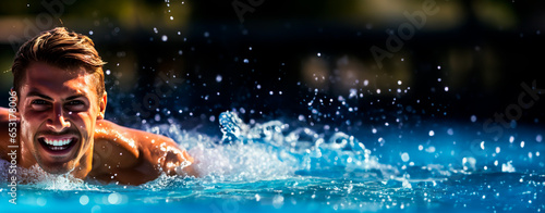 Swimmer in a pool during training or competition. Athletic and sporty. Concept of swimming as a sport, close up with copy space. Shallow field of view.  © henjon