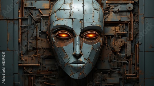 Generative AI, Abstract robotic face on rusty vintage metal background, geometric shapes