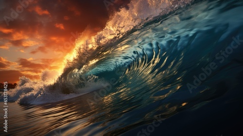 At sunset, the moment when the sun's rays pass through the waves in the sea.