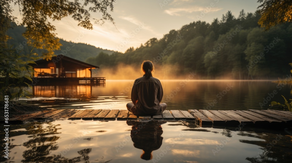 A person meditating sitting on a pier or rock on a lake. A person meditating sitting on a pier or rock on a lake.