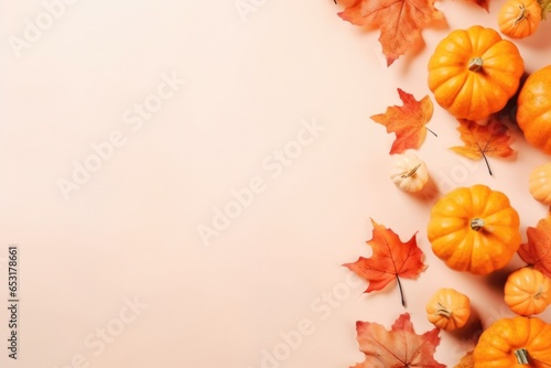 Happy Thanksgiving season celebration traditional pumpkins on decorated pastel table fall leaves background. Halloween decorations wood autumn cozy flat lay  top view  copy space.