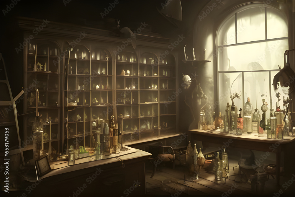 Alchemist lab. A strange and creepy cabinet of curiosities filled with lots of bottles and glass jars. CG Artwork Background. AI generated digital illustration - obrazy, fototapety, plakaty 