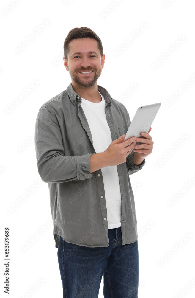Happy man with tablet on white background Happy man with tablet on white background