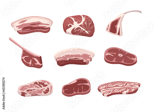 set of fresh meat icons, pieces of fresh tasty meat, steak, ribs in flat style. Gastronomic, cooking, BBQ, restaurant kitchen concept.