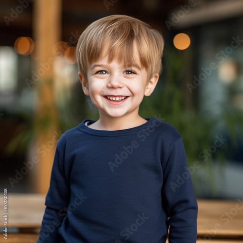 portrait of a little boy smiling, wearing a plain navy sweatshirt