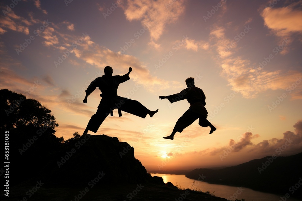 A pair of karate enthusiasts execute precise techniques at twilight