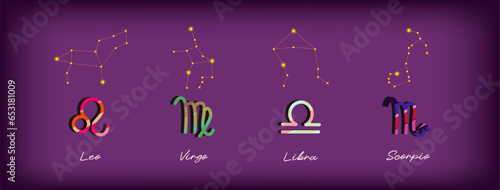 Set Zodiac signs, Colorful zodiacs, Icons for the design of Esoteric with Constellations, astrologic maps, calendars. Vector elements on Purple background. Leo Virgo Libra, Scorpio.