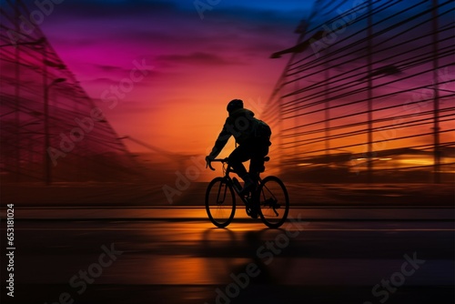 A cyclists silhouette gracefully rides a commuter bike at dusk © Jawed Gfx