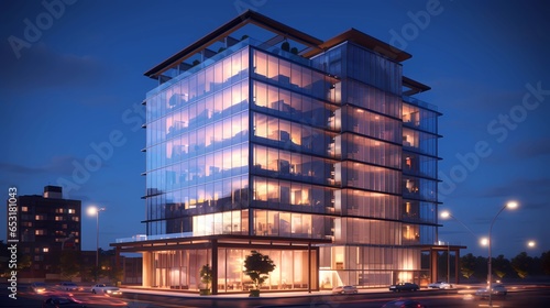 modern building with 10 floors at night, architecture visualization: office, shopping center with a garden on the top floor