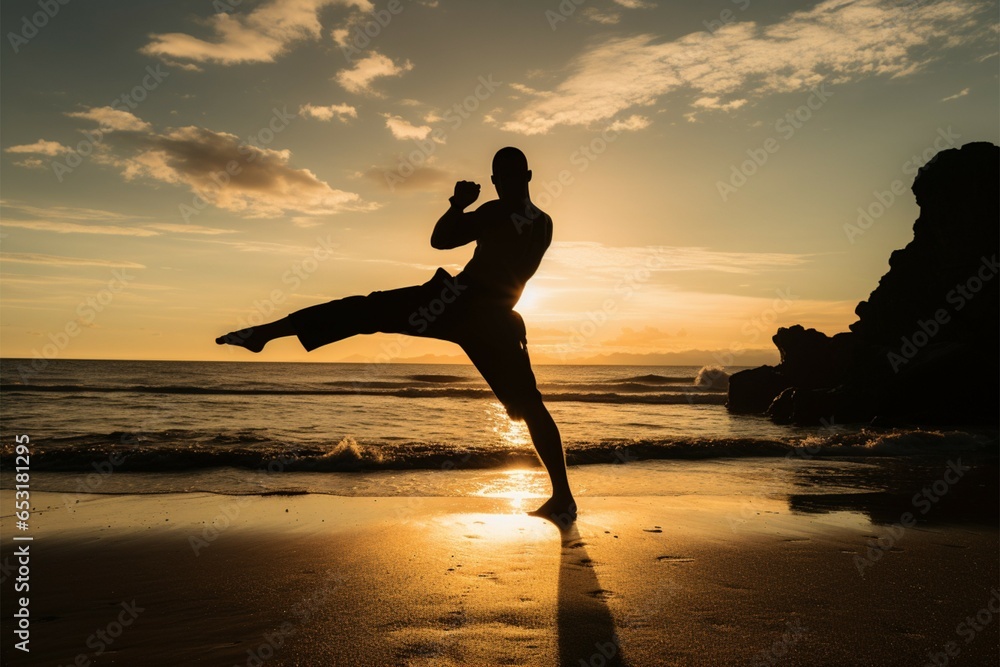 Beachside silhouette A man practices kickboxing, bathed in stunning sunset