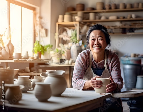 disabled chinese woman, handicraft, pottery, clay, rehabilitation program for people with physical disabilities, work for disabled people, equal opportunities © Siarhei
