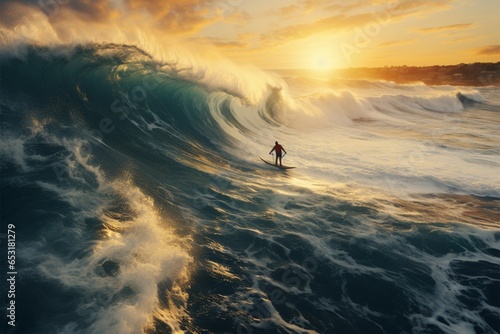 An adventurous man gracefully surfs on the powerful ocean waves