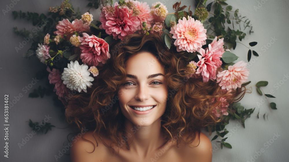 A woman with a flower crown on her head, Generative AI