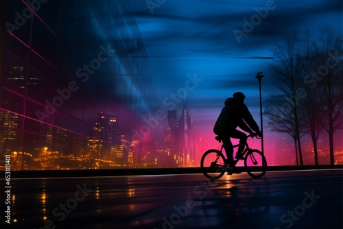 Commuters silhouette pedals a bike through the urban twilight scene