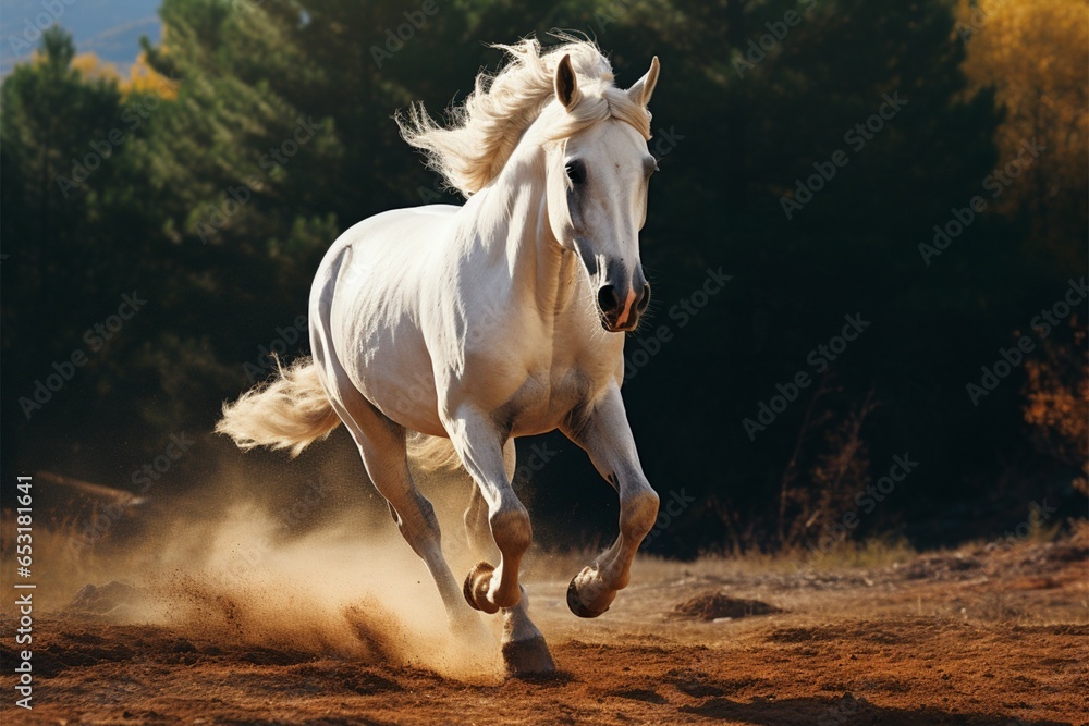 Obraz premium Majestic white coated horse galloping gracefully across the open terrain