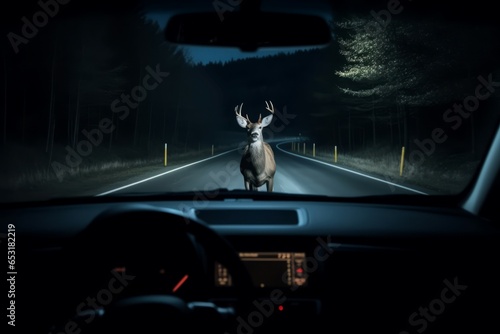 Fototapeta Naklejka Na Ścianę i Meble -  Deer night road. Automobile crash safety. Generate Ai