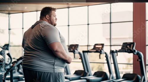 A overweight man is exercising in the fitness room. Corpulent man starts his first day at the gym on the treadmills. copy space. Generative Ai