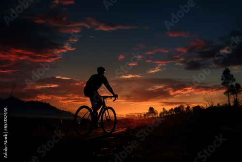 Riding into the twilight, a cyclist enjoys the tranquil evening ambiance