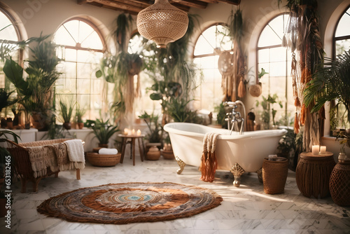Boho serenity in your bathroom with decor that radiates Bohemian elegance, natural serenity, and a touch of wanderlust. Generative ai.