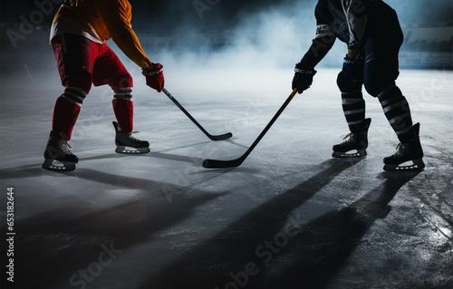 Rival hockey players stand side by side, clutching their sticks photo