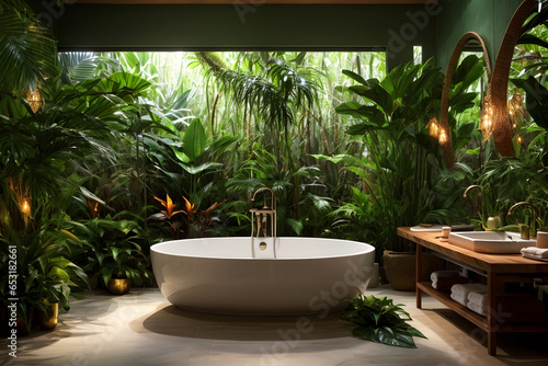 bathroom with exotic rainforest influences, lush greenery, and vibrant wildlife motifs. Generative ai.