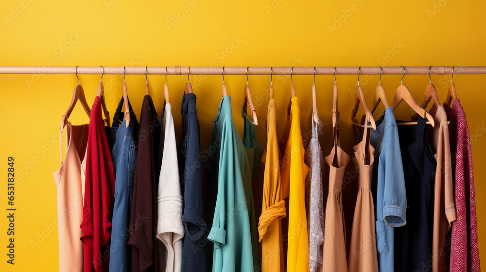 Fashionable female cloth rack, stylish frocks on hangers in yellow background