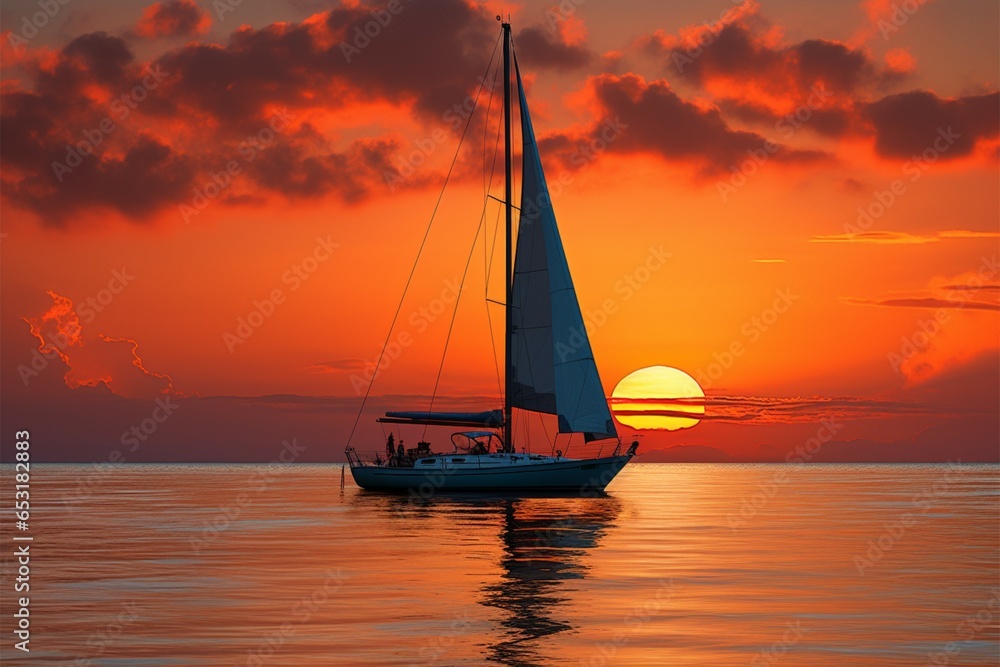 Serene sunset scene a sailboat peacefully glides across tranquil waters