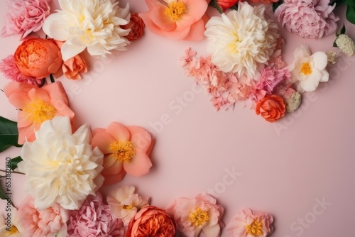 A colorful bouquet of flowers on a soft pink background