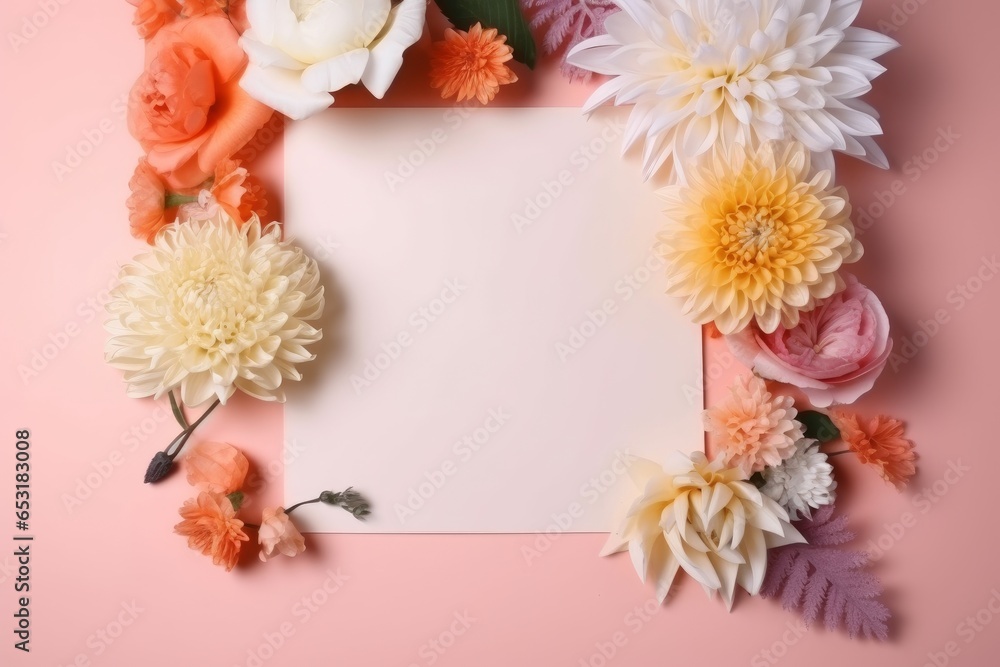 A sheet of paper surrounded by flowers on a pink background A sheet of paper surrounded by flowers on a pink background