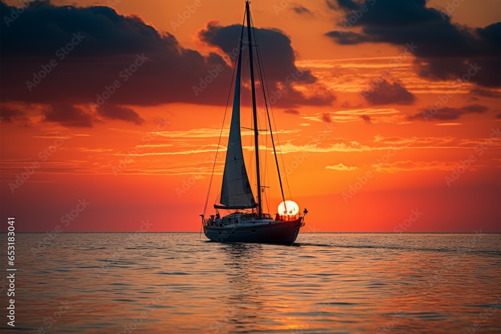 Serene sunset scene a sailboat peacefully glides across tranquil waters