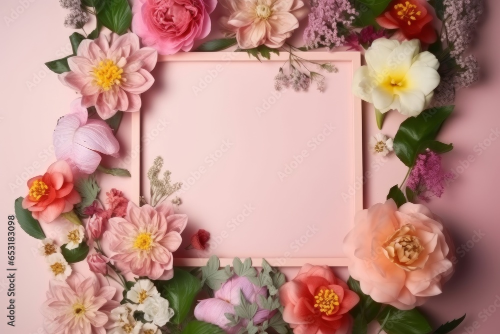 A picture frame with vibrant flowers on a soft pink background A picture frame with vibrant flowers on a soft pink background