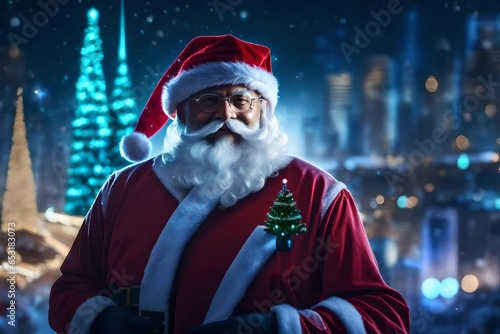 Smiling Santa Claus with Christmas tree in a futuristic with holographic holiday decoration   concept Merry Christmas and Happy New Year  © Mahreen