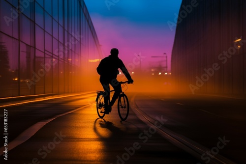 Silhouette of a person on a commuter bike, navigating evening