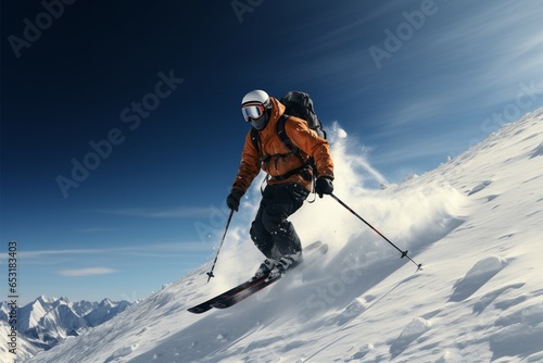 Skier carves the snowy landscape, displaying skill on the wintry slopes