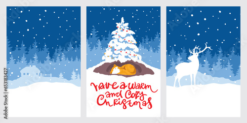 Cute fox sleeps in its burrow under the christmas tree. Abstract winter landscape with forest, small hut and deer. A set vector illustrations. Christmas card with greetings inscription.