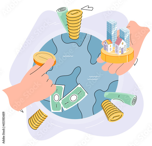 Money transfers and currency exchanges between countries of world. Money and planet, buying and selling real estate. Global stock market, world or international investment, financial operations
