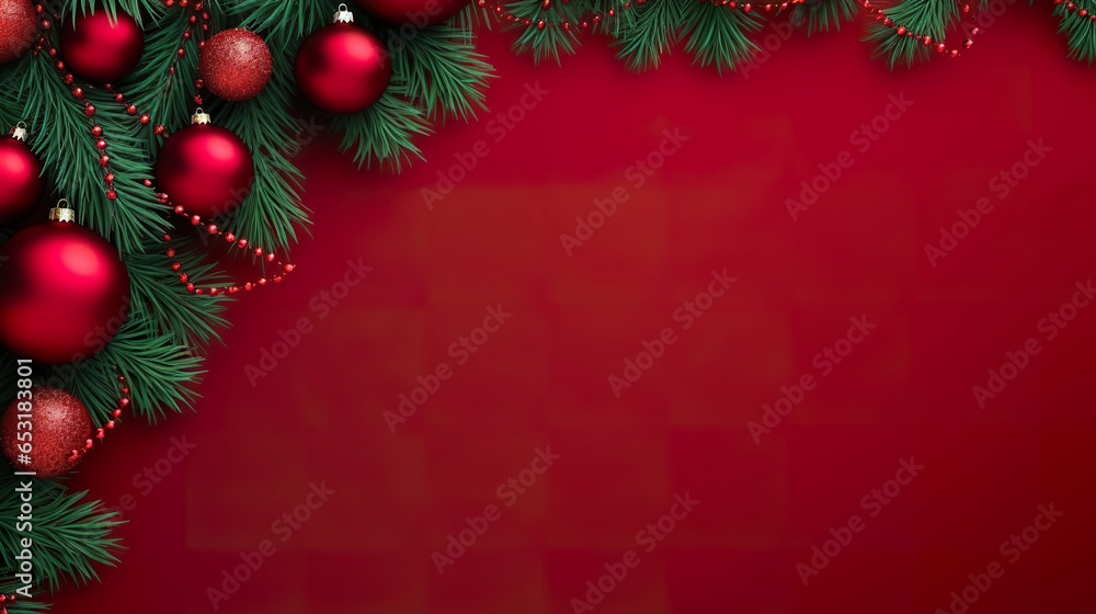 Christmas fir branches and decorations on red background. 