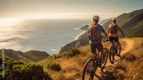 bicycle trekking over rough terrain, in the forest in the mountains, cycling, travel photo