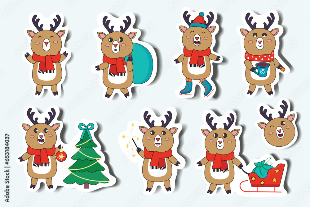 Naklejka premium Deer set in cartoon design. Winter-themed illustration set in a delightful flat design, showcasing cute deer characters in a charming sticker-style format. Vector illustration.