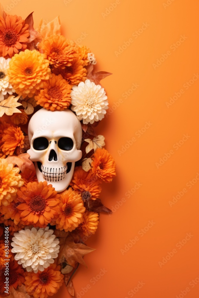 Happy Halloween holiday spooky scary background with decoration skull and flowers, Haloween event invitation poster card backdrop, trick or treat santa muerte fall party. Flat lay. Happy Halloween holiday spooky scary background with decoration skull and flowers, Haloween event invitation poster card backdrop, trick or treat santa muerte fall party. Flat lay.