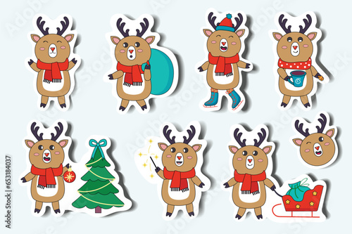 Fototapeta Naklejka Na Ścianę i Meble -  Deer set in cartoon design. Winter-themed illustration set in a delightful flat design, showcasing cute deer characters in a charming sticker-style format. Vector illustration.
