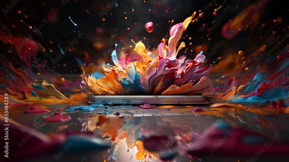 A laptop computer with colorful paint splashing out of it, Generative AI