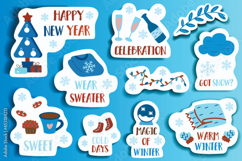 Set of winter stickers in cartoon design. This stickers are designed with captivating illustrations and conveniently labeled titles for your creative endeavors. Vector illustration.