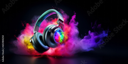 Stereo headphones exploding in festive colorful splash, dust and smoke with vibrant light effects on loud music sound, pulse, bass and beats, ready for party photo