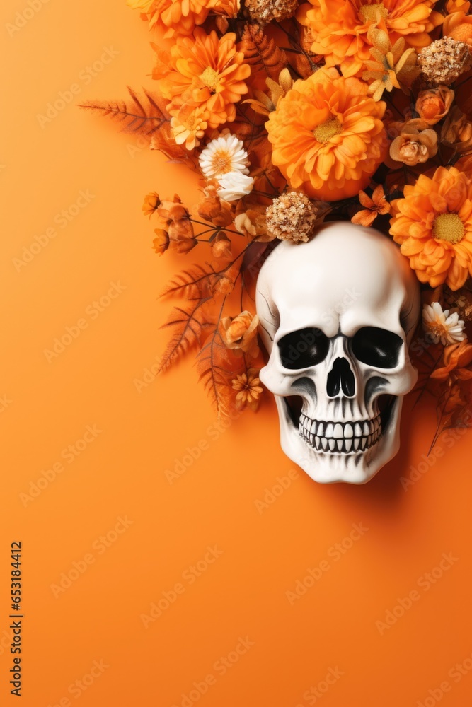 Happy Halloween holiday spooky scary background with decoration skull and flowers, Haloween event invitation poster card backdrop, trick or treat santa muerte fall party. Flat lay. Happy Halloween holiday spooky scary background with decoration skull and flowers, Haloween event invitation poster card backdrop, trick or treat santa muerte fall party. Flat lay.