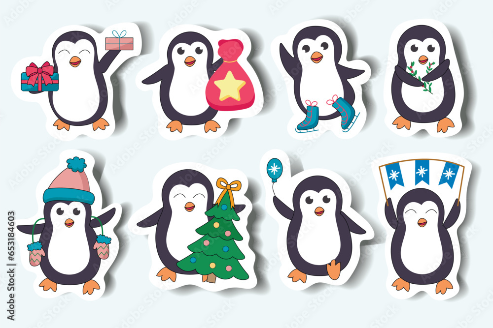 Fototapeta premium Set of penguins in cartoon design. Illustration is created in a sticker style, and showcasing festive scenes with charming Christmas penguins. Vector illustration.